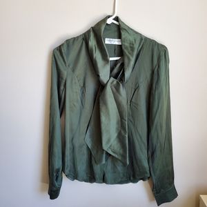 Bloomingdale's Forest Green Silk Tie Neck Blouse